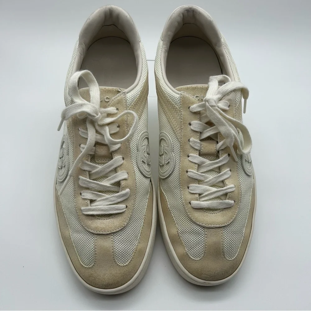 Gucci G75 light Beige Suede Low Top Lace up Sneakers Trainers Size 9